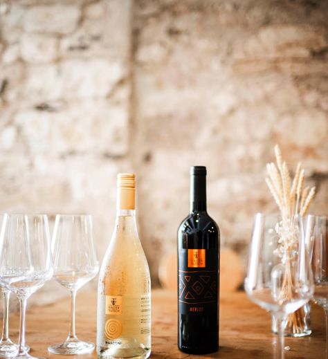 Flaschen und Gläser stehen bereit für die Weinverkostung im Weinkeller